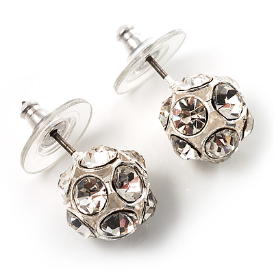 Silver Tone Crystal Ball Stud Earrings - main view