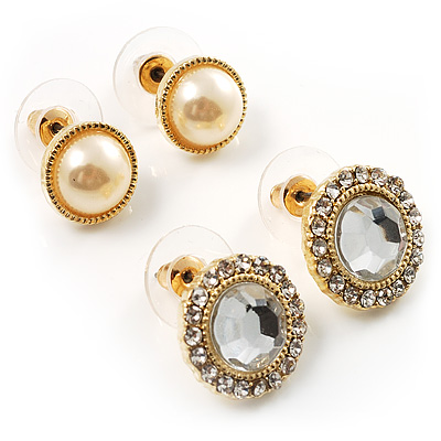 Diamante And Faux Pearl Stud Earrings - Set of 2 Pairs (Gold And Light Cream) - main view
