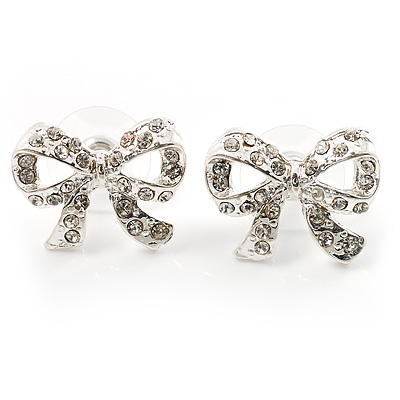 Small Diamante Bow Stud Earrings (Silver Tone) - main view