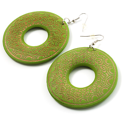 Large Ornate Wood Drop Hoop Earrings (Light Green) - main view