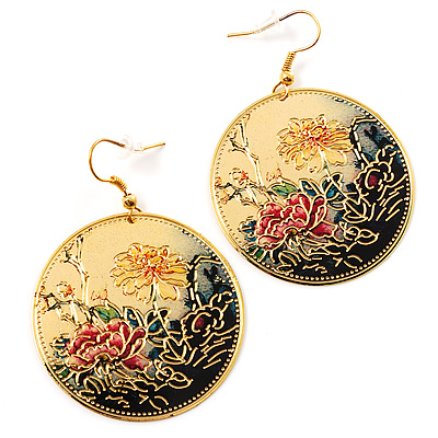 Japanese Style Floral Disk Earrings (Gold Tone) - main view