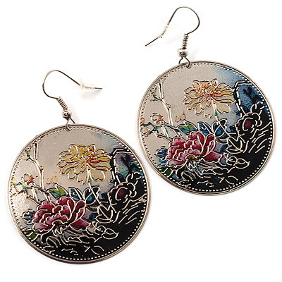 Japanese Style Floral Disk Earrings (Silver Tone) - main view