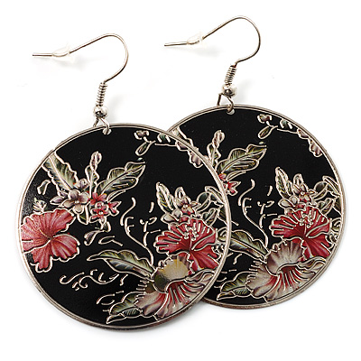 Japanese Style Floral Disk Earrings (Silver&Black) - main view