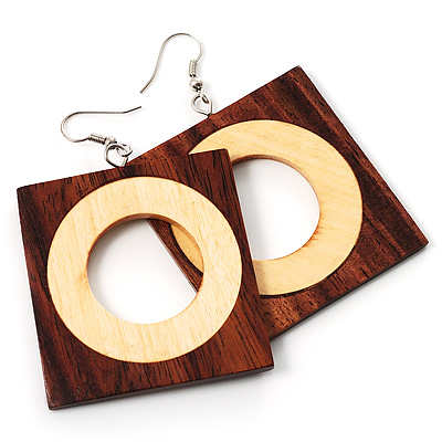 Cut-Out Square Wooden Drop Earrings (Brown&Cream) - main view