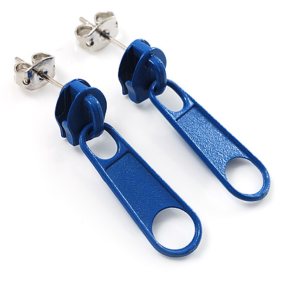 Small Blue Metal Zipper Stud Earrings - main view