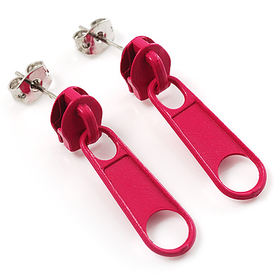 Small Deep Pink Metal Zipper Stud Earrings - main view