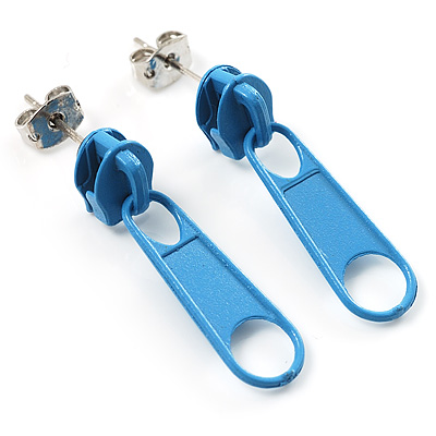 Small Sky Blue Metal Zipper Stud Earrings - main view