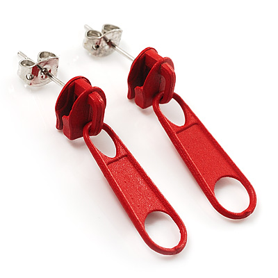 Small Red Metal Zipper Stud Earrings - main view