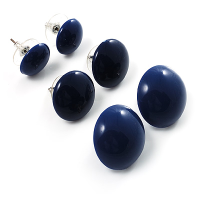 Set Of 3 Dark Blue Button Shaped Stud Earrings (22mm, 17mm, 13mm) - main view
