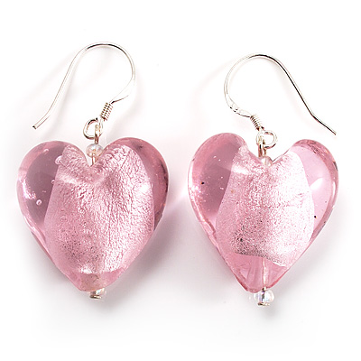Pale Pink Glittering Puffed Heart Glass Drop Earrings (Silver Tone) - main view