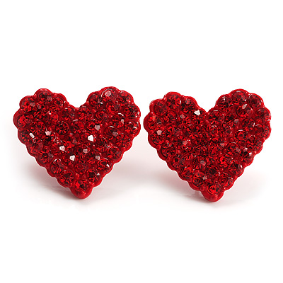 Hot Red Crystal Heart Stud Earrings - main view