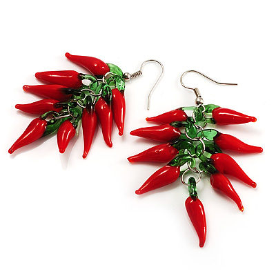 Glass Hot Red Chilly Dangle Earrings - 65mm L - main view
