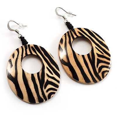 Wood Coco Zebra Print Oval Drop Hoop Earrings (Black&Beige) - main view