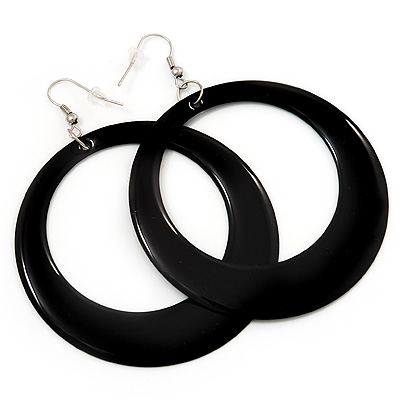 Large Black Enamel Hoop Drop Earrings (Silver Metal Finish) - 6.5cm Diameter - main view