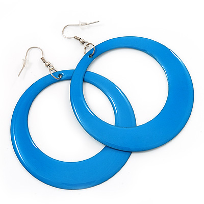 Large Light Blue Enamel Hoop Drop Earrings (Silver Metal Finish) - 6.5cm Diameter - main view