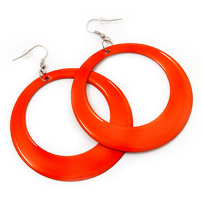 Large Bright Orange Enamel Hoop Drop Earrings (Silver Metal Finish) - 6.5cm Diameter - main view