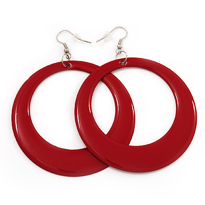 Large Red Enamel Hoop Drop Earrings (Silver Metal Finish) - 6.5cm Diameter - main view