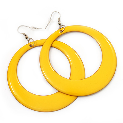 Large Bright Yellow Enamel Hoop Drop Earrings (Silver Metal Finish) - 6.5cm Diameter - main view