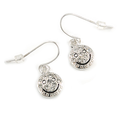 Silver Tone Crystal Smiling Face Drop Earrings