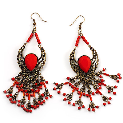 Bright Red Bead Chandelier Earrings (Antique Bronze) - main view