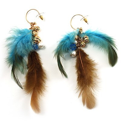 Gold Tone Boho Chic Feather Long Earrings (Blue&Brown) - main view