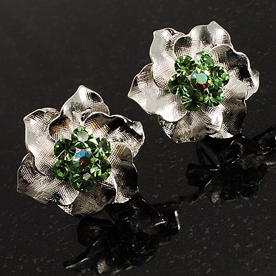 Textured Light Green Diamante Floral Stud Earrings (Silver Tone) - main view