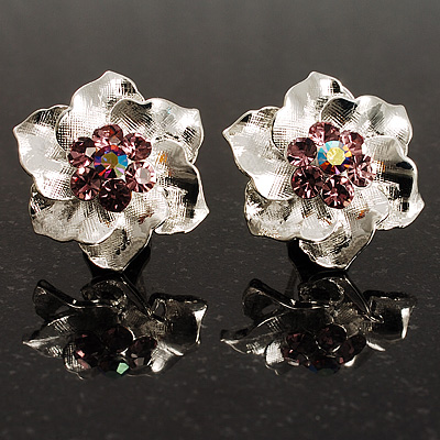 Textured Fuchsia Diamante Floral Stud Earrings (Silver Tone) - main view