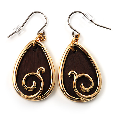 Gold Tone Wood Drop Earrings - main view