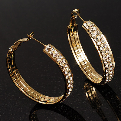 Gold Tone Diamante Hoop Earrings  (40mm Diameter) - main view