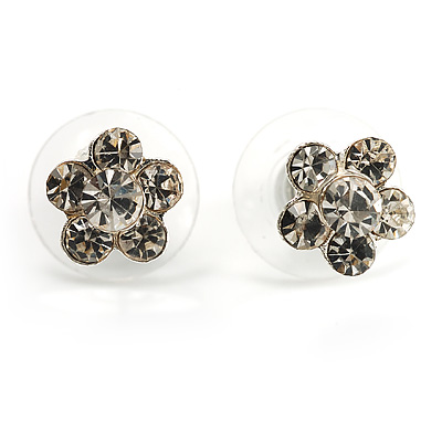 Tiny Diamante Floral Stud Earrings (Silver&Clear) - main view