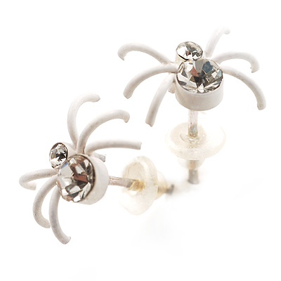 Tiny White Crystal Spider Stud Earrings