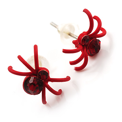 Tiny Red Crystal Spider Stud Earrings