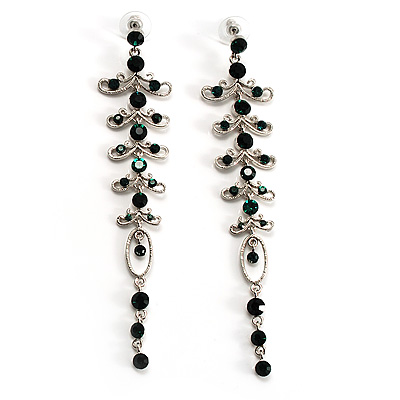 Long Vintage Statement Earrings (Silver&Emerald Green) - main view