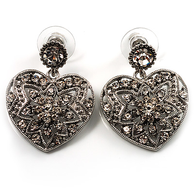 Silver Tone Filigree Crystal Heart Drop Earrings