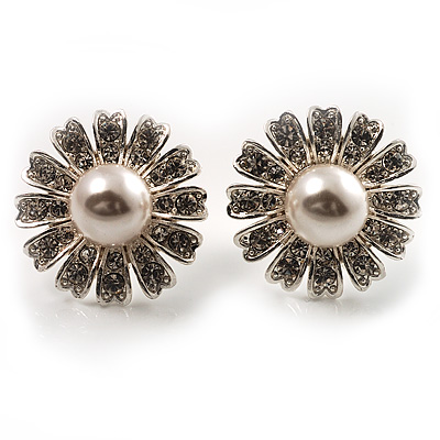 Floral Crystal Faux Pearl Stud Earrings (Silver Tone) - main view