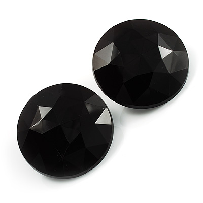 Black Round Faceted Acrylic Stud Earrings - 3cm Diameter - main view