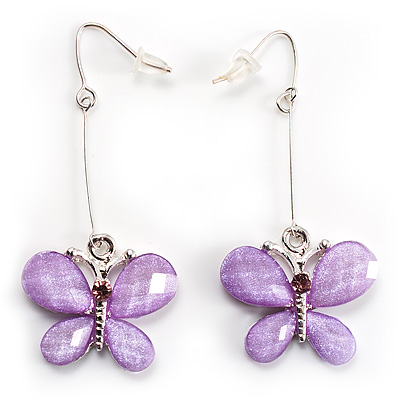 Lilac Acrylic Crystal Butterfly Drop Earrings (Silver Tone) - main view