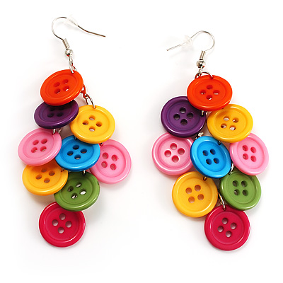Multicoloured Plastic Button Drop Earrings (Silver Tone) - main view