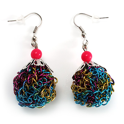 Funky Multicoloured Wire Ball Drop Earrings (Silver Tone) - main view