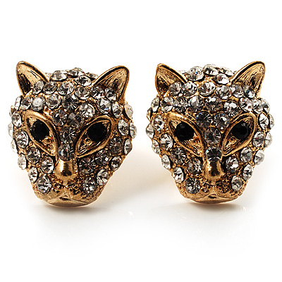 Gold Tone Swarovski Crystal Leopard Head Stud Earrings - main view