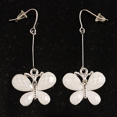 Snow White Acrylic Crystal Butterfly Drop Earrings (Silver Tone) - main view