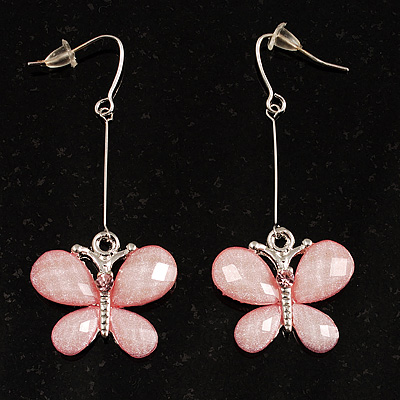Pale Pink  Acrylic Crystal Butterfly Drop Earrings (Silver Tone) - main view