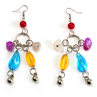 Long Multicoloured Semiprecious Bead Dangle Earrings (Silver Tone) - main view