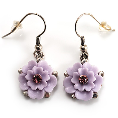 Pale Lilac Acrylic Floral Drop Earrings (Silver Tone) - main view