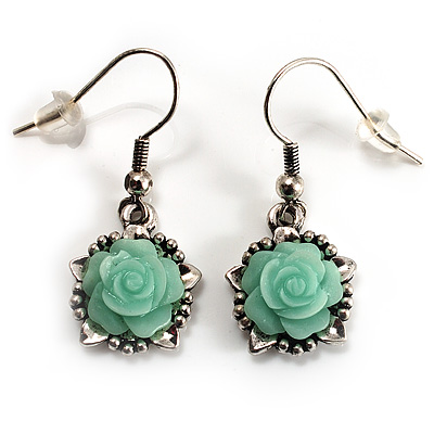 Pale Green Acrylic Rose Drop Earrings (Burnished Silver Finish) - main view