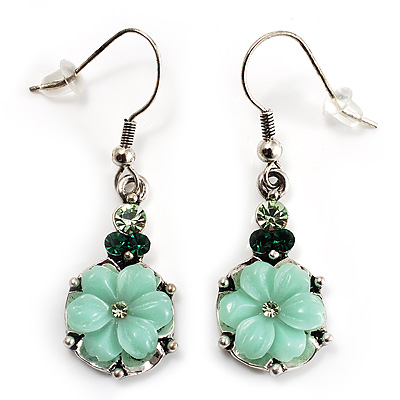 Pale Green Acrylic Crystal Floral Drop Earrings (Burnished Silver Finish) - main view