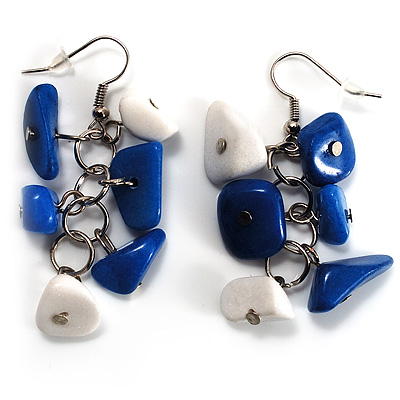 Blue & White Semiprecious Chip Drop Earrings (Silver Tone) - main view