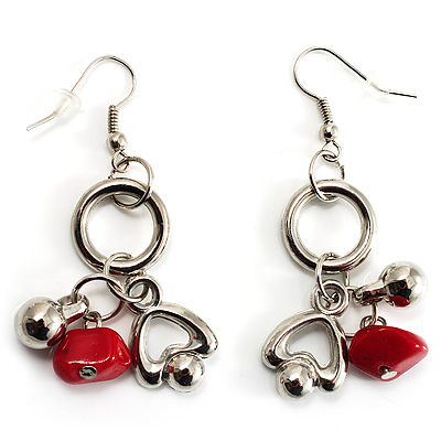 Silver Tone Charm Drop Earrings (Red) - main view