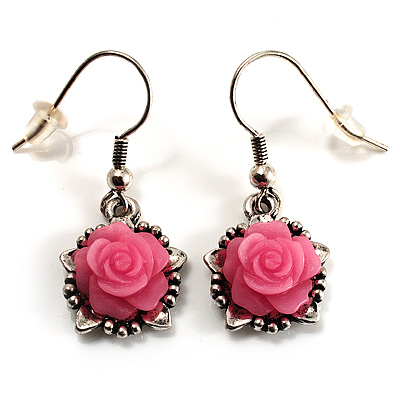 PInk Acrylic Rose Drop Earrings (Burnished Silver Finish) - main view