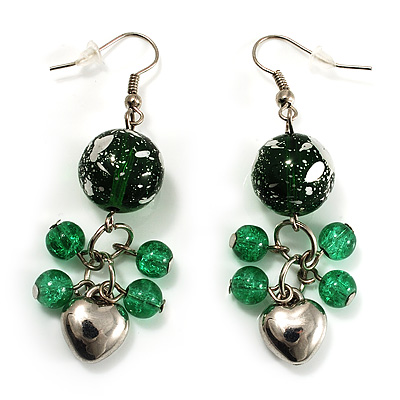 Green Glass Bead Drop Earrings (Silver Tone) - main view